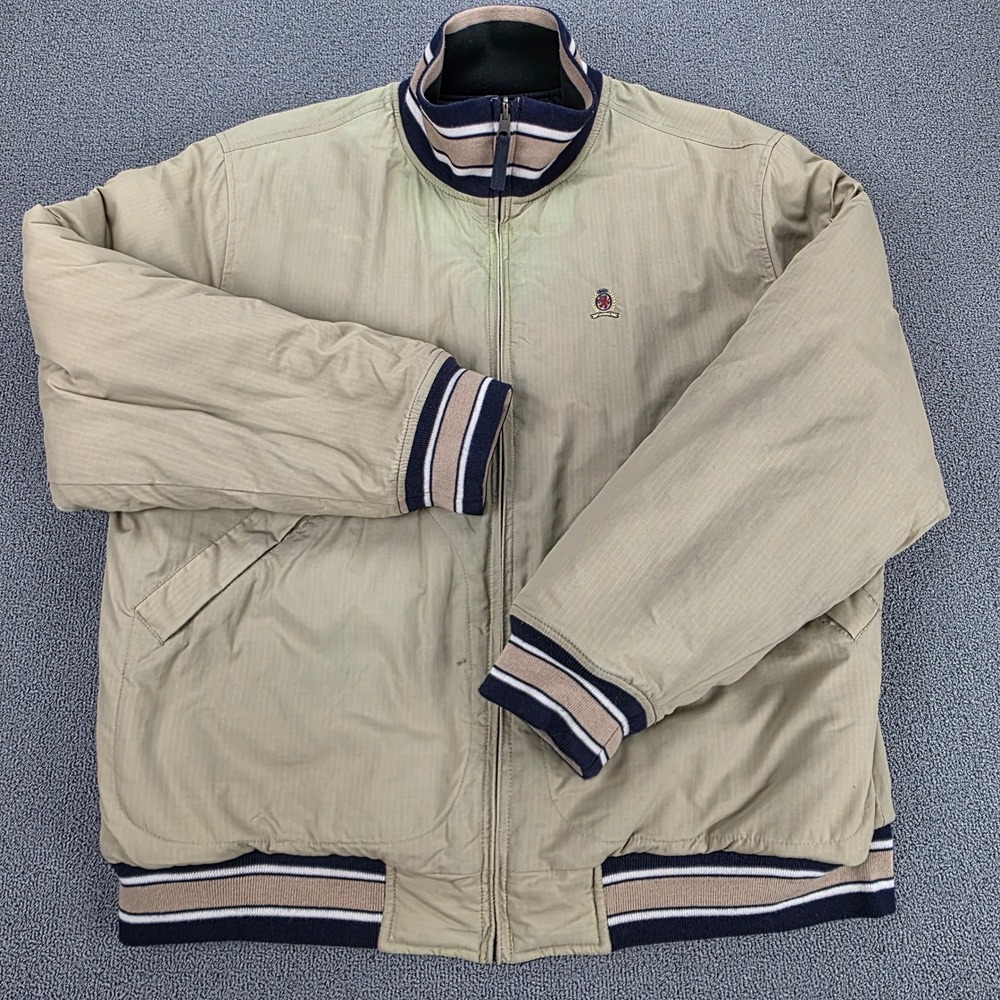 Tommy Hilfiger Vintage Bomber Jacket Tan Ripstop Crest Logo Mens Medium